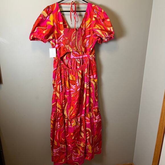 1.State Pink & Orange Puff Sleeve Tiered Maxi Dress 100% Cotton Summer Large New - Picture 1 of 7